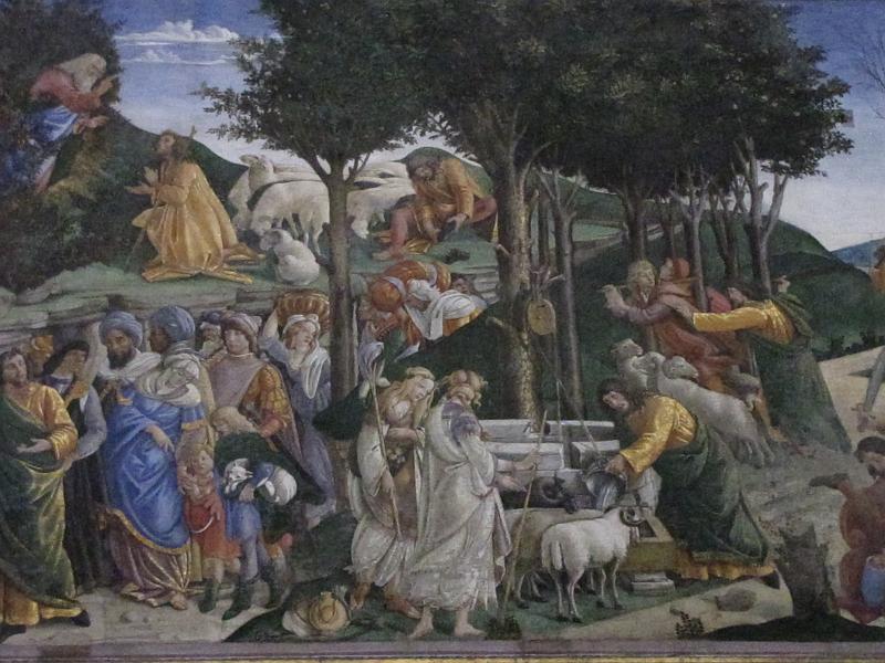 sixtijnse kapel_exodus.jpg - Fresco van de zuidmuur in de Sixtijnse kapel. Deze fresco is gemaakt door Botticelli en verteld het verhaal van de exodus. Mozes word hier afgebeeld gehuld in een geel met groen gewaad.